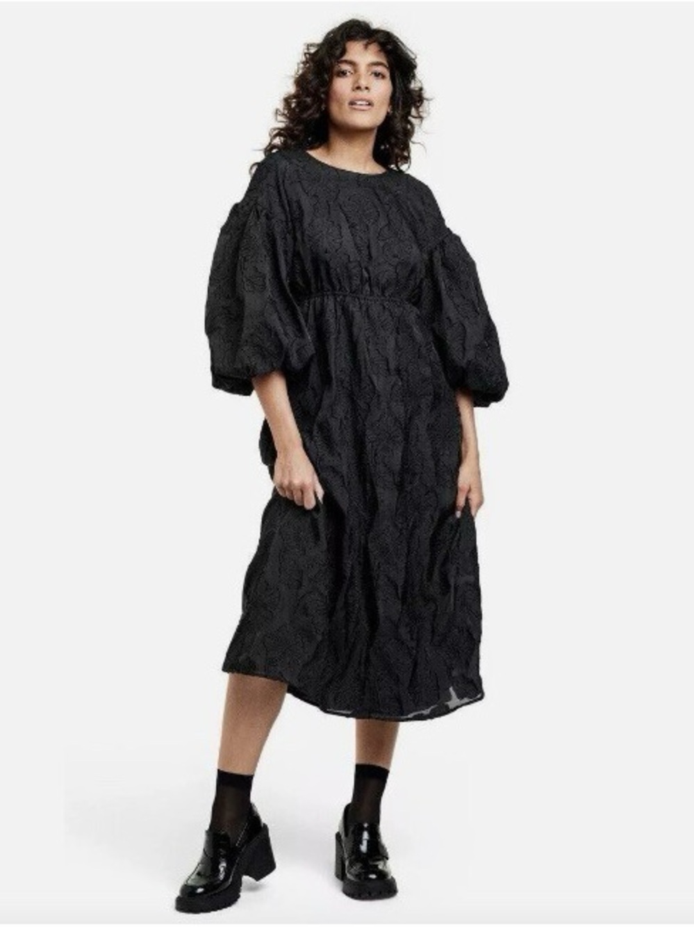 Kika Vargas Black Textured Midi with Balloon Sleeves